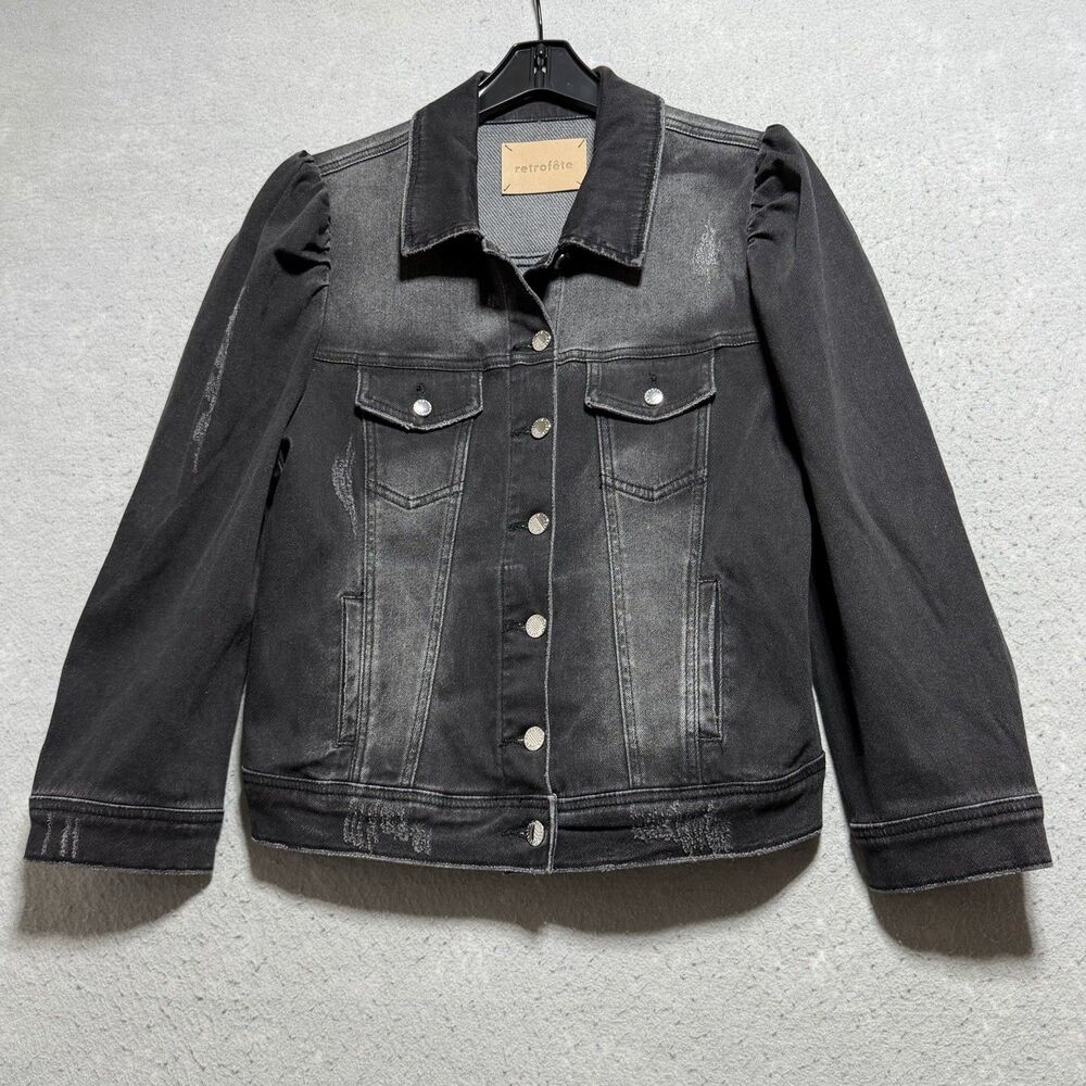 Retrofete Denim Jacket Women’s XL Ada Black Puff Sleeve Distressed Acid Wash